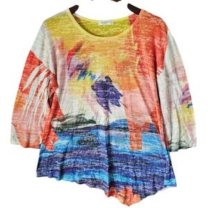 Jess & Jane Womens Multicolor Abstract Burnout 3/4 Sleeve Asymmetrical Top L USA